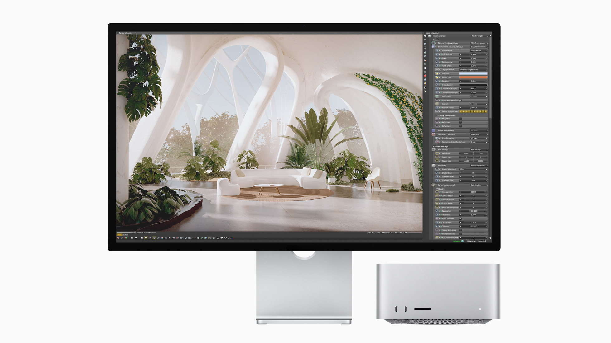 Apple Mac Studio 与显示器,屏幕中展示三维建筑设计软件